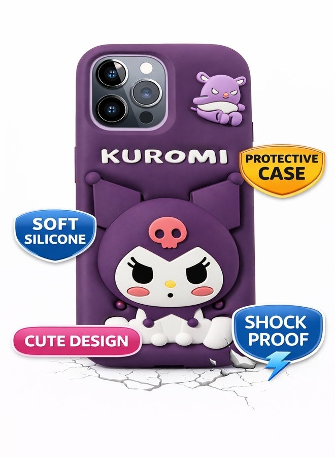 COVERSCART Cute Kuromi 3D Silicone Back Cover for Apple iPhone 13 Pro Soft Shockproof Protective Case - Purple - Image 3